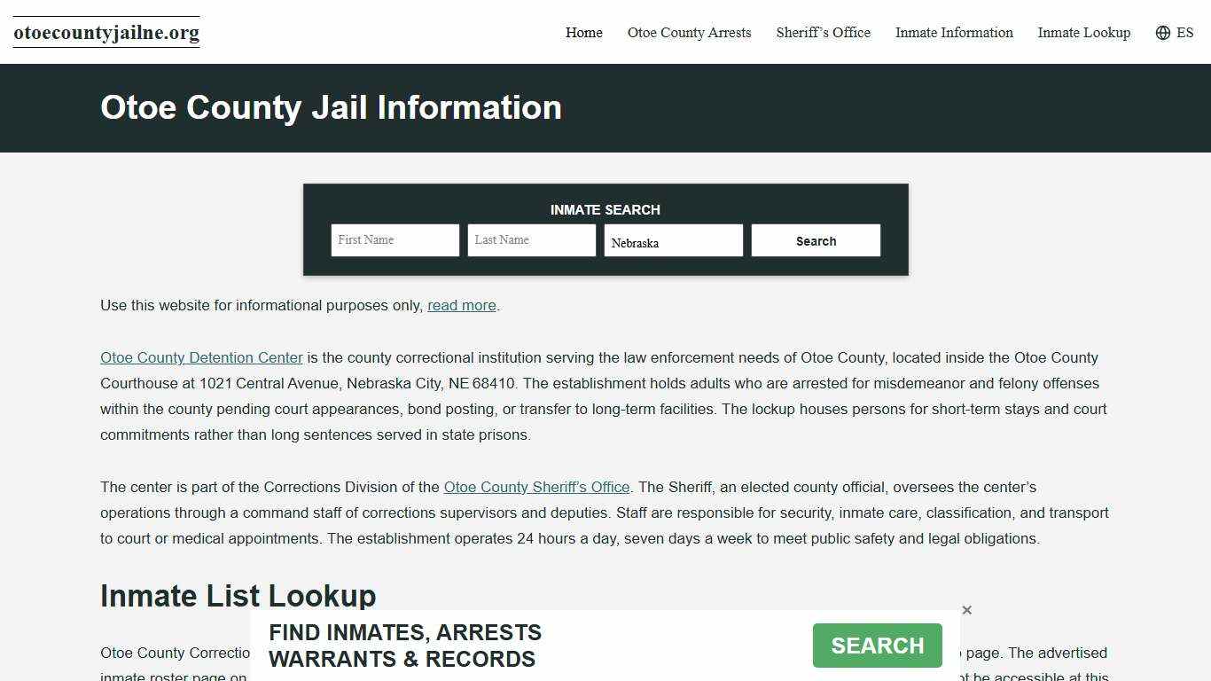 Otoe County, NE Jail Roster, Inmate Info
